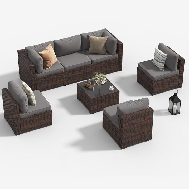 Dateyes 7-Piece Outdoor Patio Sectional Sofa Set, All-Weather Wicker Rattan Furniture with Coffee Table (Grey)