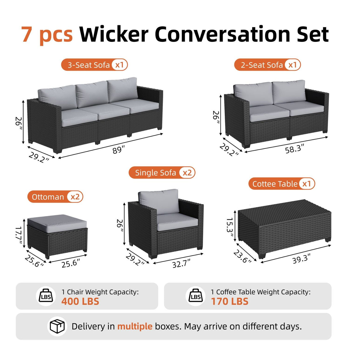 Dateyes 9 Seats Patio Furniture Set, Rattan Wicker Outdoor Conversation Sectional Sofa Set with Storage Coffee Table and Waterproof Cover,Gray