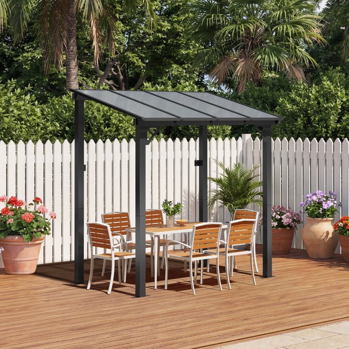 Clouddwell 8'x 5' Wall-Mounted Gazebo Pergola with Aluminum Top Frame & Polycarbonate Panel, Large Heavy-Duty Awnings for Backyard Black