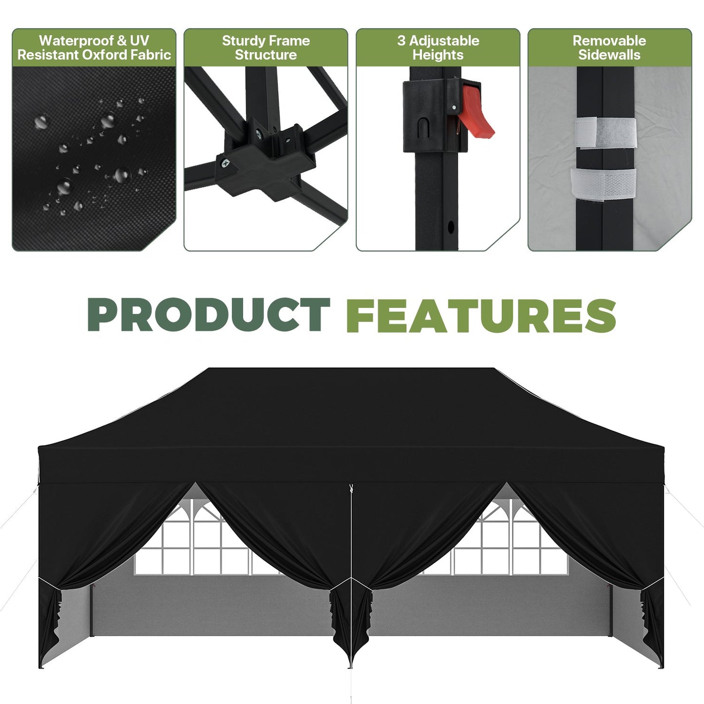 Clouddwell 10'x20' Pop Up Canopy Tent with 6 Removable Sidewalls, Adjustable Height Instant Outdoor Canopy, Portable Sun Shade Shelter with 4 Sandbags, Easy Setup for Parties, Camping, Events, Black