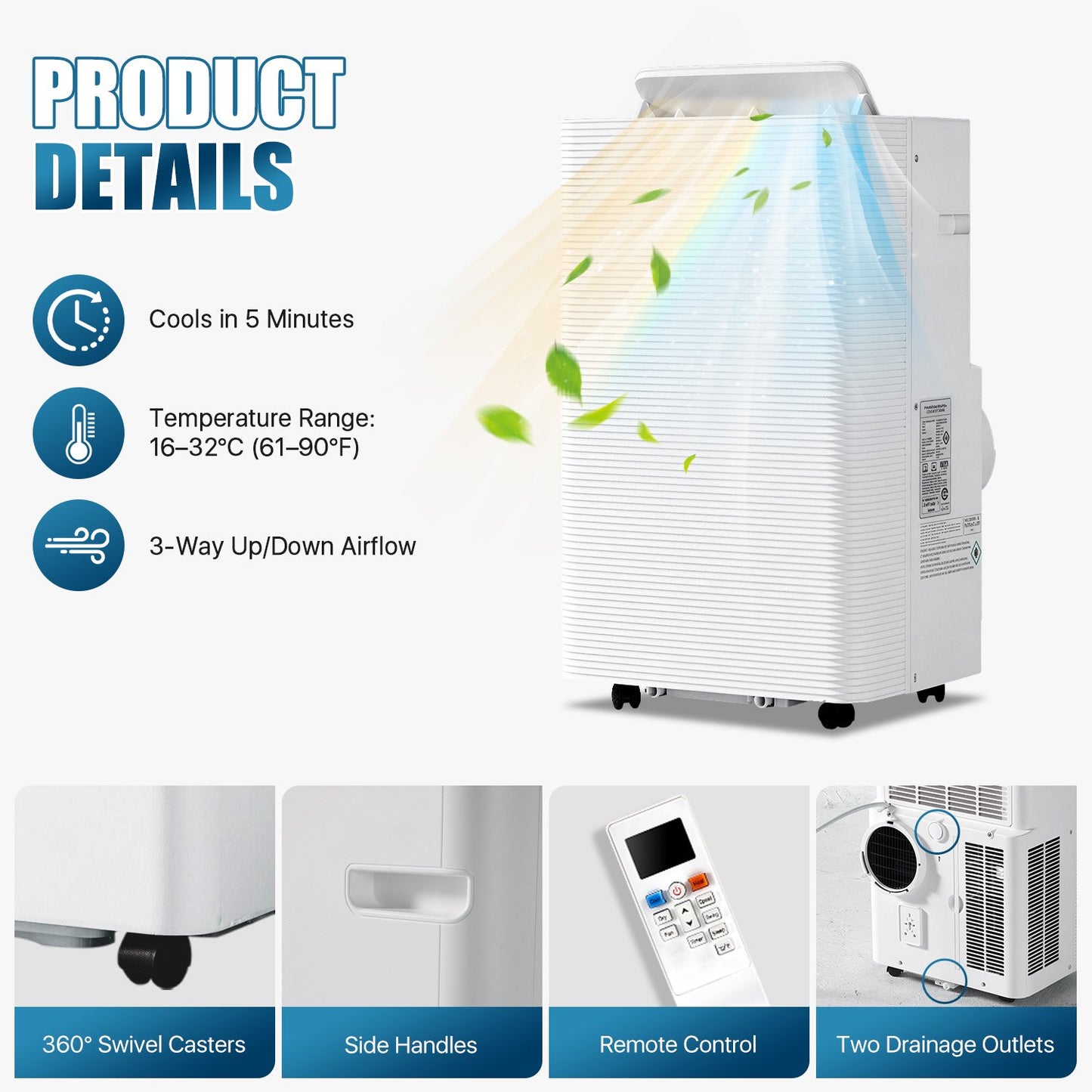 Sunmthink 12000 BTU 5-in-1 Smart Portable Air Conditioner, Standing Cooling & Heating Unit with Remote Control, Cooling, Heating, Dehumidifier & Fan Functions, 55dB Quiet Operation for Indoor Spaces
