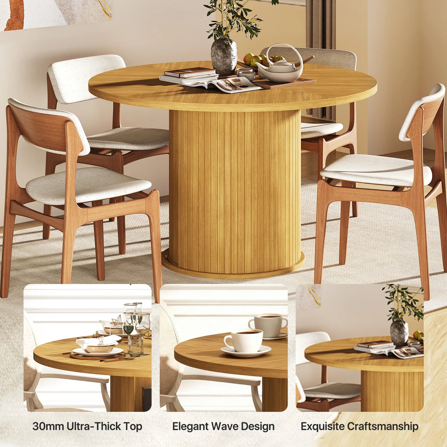 Sonegra 47-inch Round Dining Table with Storage, Modern Fluted Circle Kitchen Table with 2-Layer Storage and Sliding Door, for Kitchen Living Room, Burlywood
