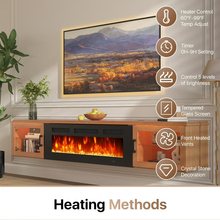 Sonegra Floating Fireplace TV Stand for TVs up 80", Wall Mounted Fireplace Entertainment Center, 70" Console Table with Electric Fireplace, Brown, WI-FI Enabled