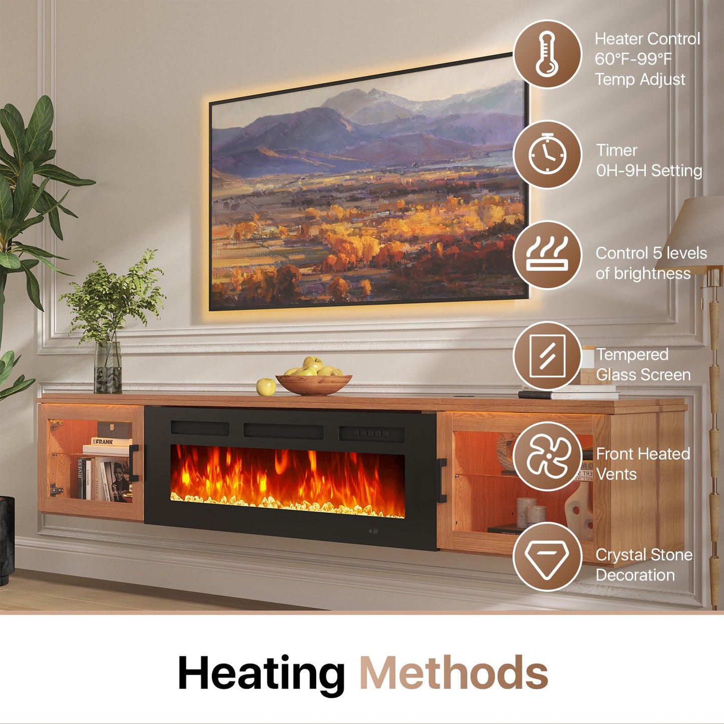 Sonegra 70" Floating TV Stand with 36" Electric Fireplace, High Gloss Finish Wall Mounted Fireplace Entertainment Center with Storage for TVs Up to 80", Brown