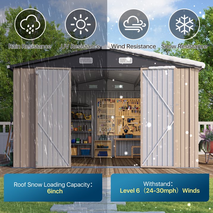 Clouddwell 10 x 12FT Shed Outdoor Storage Shed with Double Hinged Large Door, Large Metal Shed with Lockable Door & Sloped Roof for Garden, Backyard, Patio and Backyard, Brown