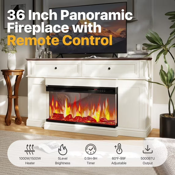 Sonegra Fireplace TV Stand for TVs up to 70" with 36" Fireplace, Farmhouse Entertainment Center with Fireplace, Wooden Media Console for Living Room, White