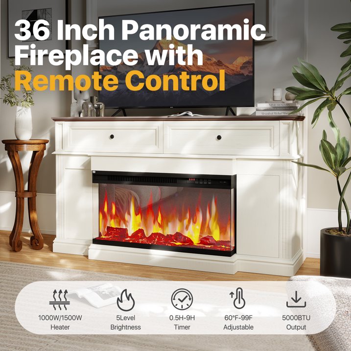 Sonegra Fireplace TV Stand for TVs up to 70" with 36" Fireplace, Farmhouse Entertainment Center with Fireplace, Wooden Media Console for Living Room, White