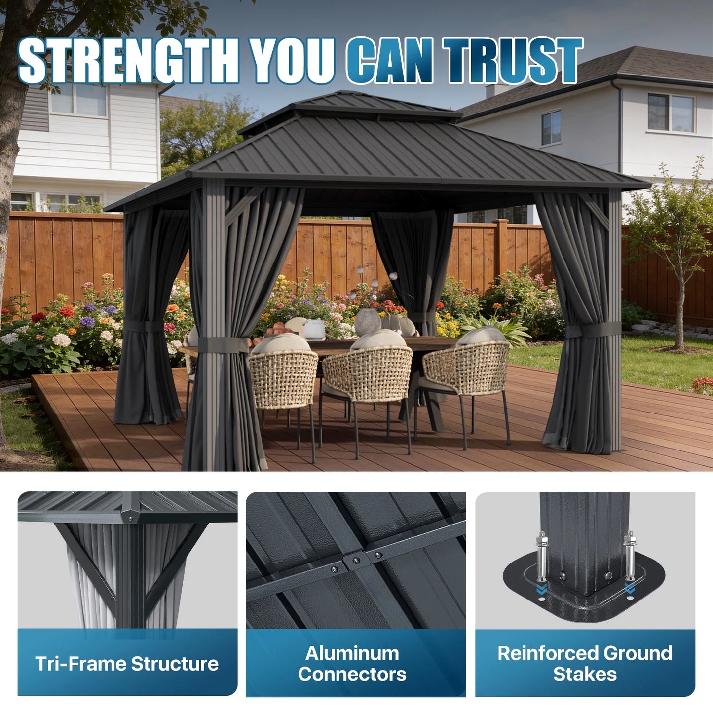 Sunmthink 12' x 12' Hardtop Gazebo with Mosquite Netting, Double Metal Roof for Lawn and Garden, Gray