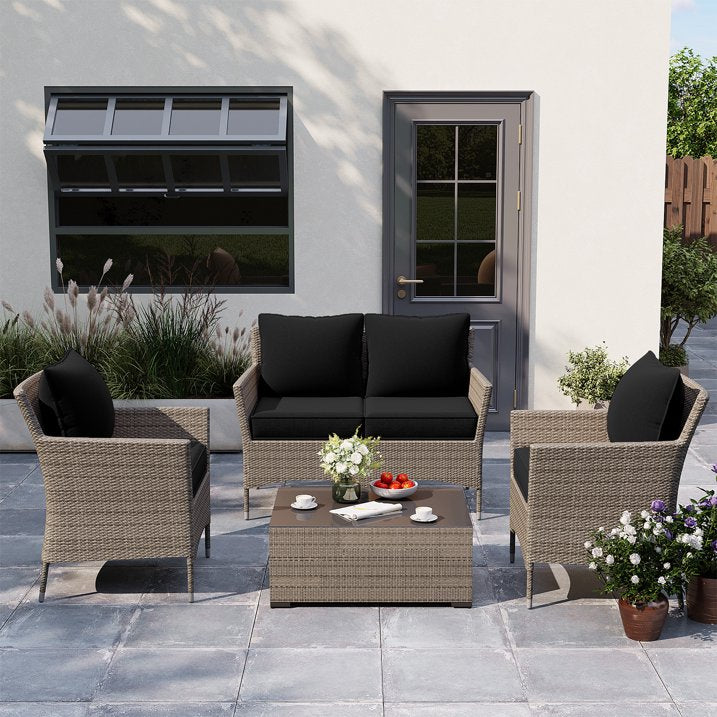 Clouddwell 4-Piece Premium Outdoor Cushion Set, 20x22x4 Inches High-Resilience Waterproof Cushions for 4-Seat Wicker Sectional(Black)