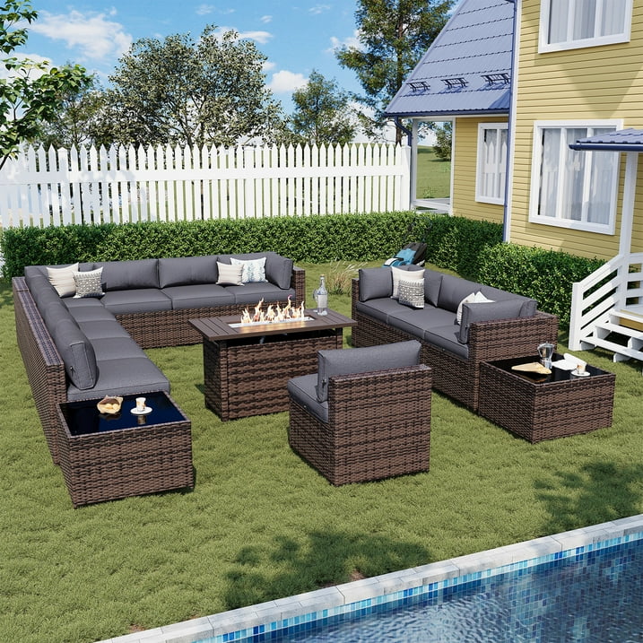 Sunmthink Patio Furniture Sets, 15-Piece Outdoor Patio Furniture with 44'' Propane Gas Firepit Table, Wicker Outdoor Conversation Set and Waterproof Cover for Backyard, Poolside, Garden