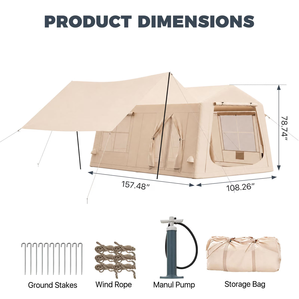 Dateyes 13x9 FT Inflatable Camping Tent for 8-10 Person, All-Season Blow Up Tent with Stove Jack and Extended Canopy, Easy Setup Portable Air Tent for Family Glamping, Beige