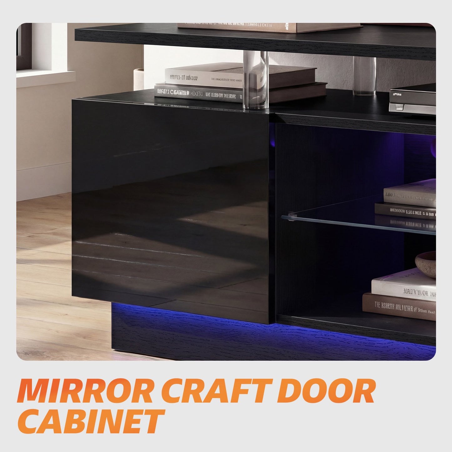Sonegra 80” High-Glossy TV Stand with 2 Side Cabinets, Modern Stylish TV Console with 3 Layer LED Lights,Gaming TV Media Console with Adjustable Glass Shelf, Black