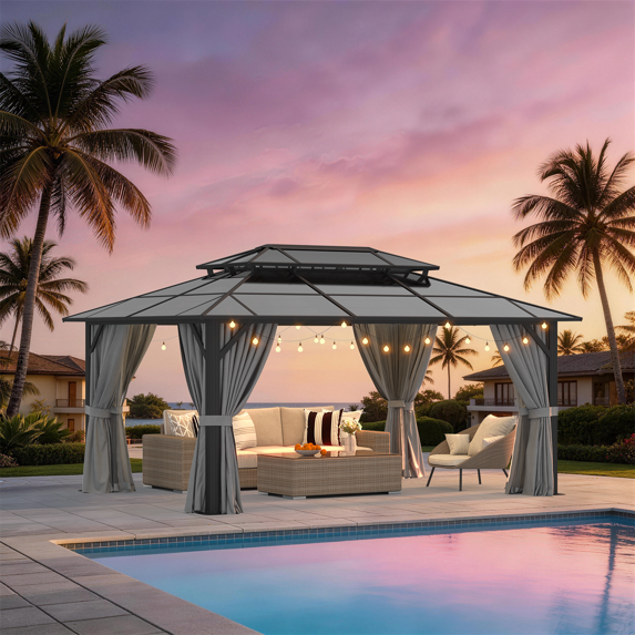 Sunmthink 12' x 16' Hardtop Gazebo,Polycarbonate Double Roof,Aluminum Frame with Curtains and Netting for Patio,Garden,Gray
