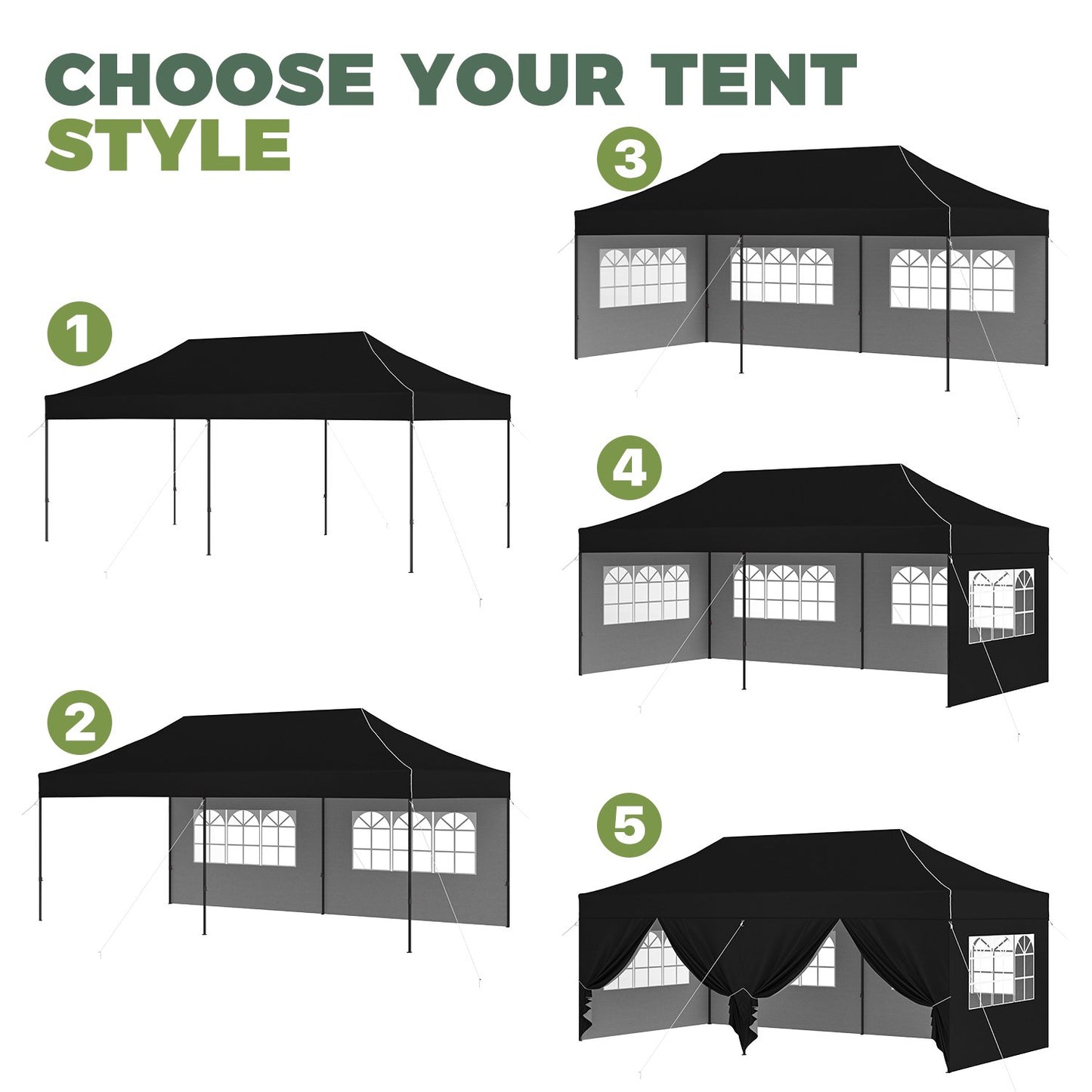 Clouddwell 10'x20' Pop Up Canopy Tent with 6 Removable Sidewalls, Adjustable Height Instant Outdoor Canopy, Portable Sun Shade Shelter with 4 Sandbags, Easy Setup for Parties, Camping, Events, Black