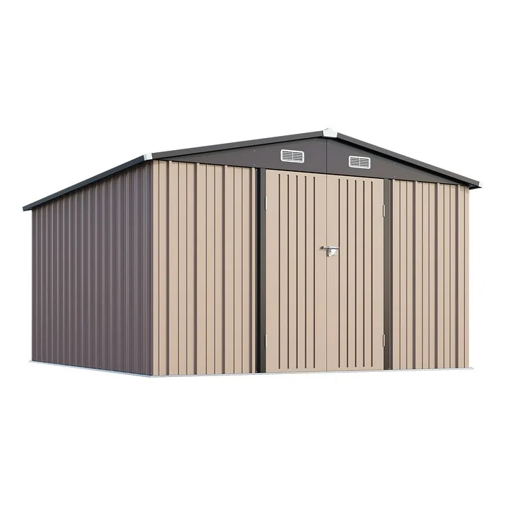 Clouddwell 10 x 12FT Shed Outdoor Storage Shed with Double Hinged Large Door, Large Metal Shed with Lockable Door & Sloped Roof for Garden, Patio and Backyard, Brown