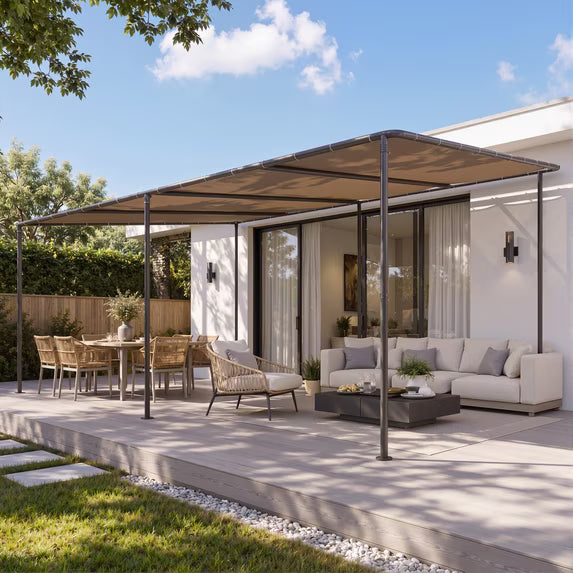 Dateyes 16'x12' Wall-Mounted Metal Gazebo , Water-Resistant Khaki Canopy with UV Protection for Patio & Garden