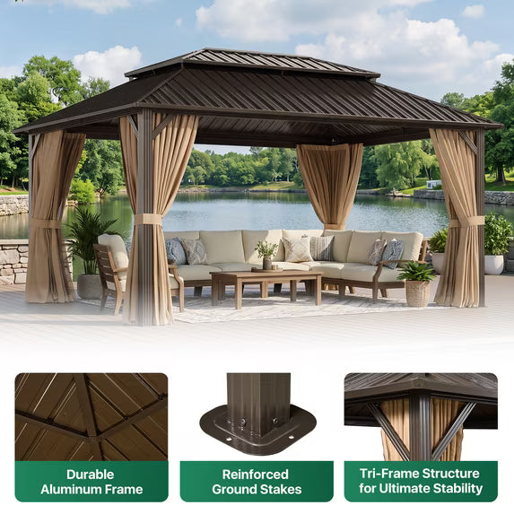 Dateyes 12x16 FT Outdoor Hardtop Gazebo, Aluminum Frame Gazebo with Removable Mesh Walls and Curtains for Patio, Lawns, Brown