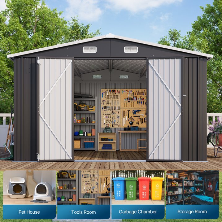 Clouddwell 10 x 12FT Shed Outdoor Storage Shed with Double Hinged Large Door, Large Metal Shed with Lockable Door & Sloped Roof for Garden, Backyard, Patio and Backyard, Black