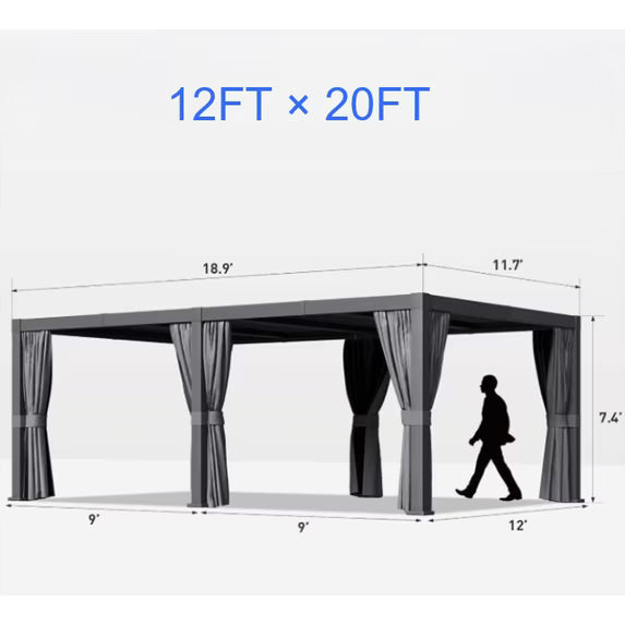 Clouddwell 12' × 20' Adjustable Louvered Pergola, Outdoor Aluminum Pergola with Curtains & Netting for Backyard, Deck & Poolside, Gray