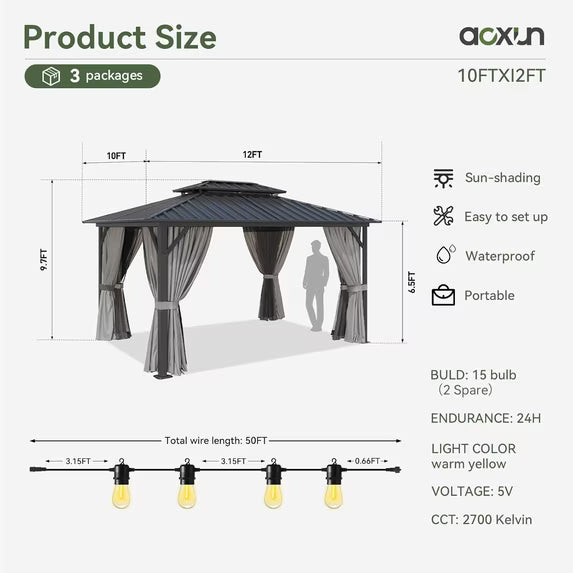 Aoxun 10'x12' Hardtop Gazebo, Aluminum Frame Canopy with Double Galvanized Steel Roof, Outdoor Metal Pavilion with Netting, and LED Outdoor Waterproof Hanging Lights