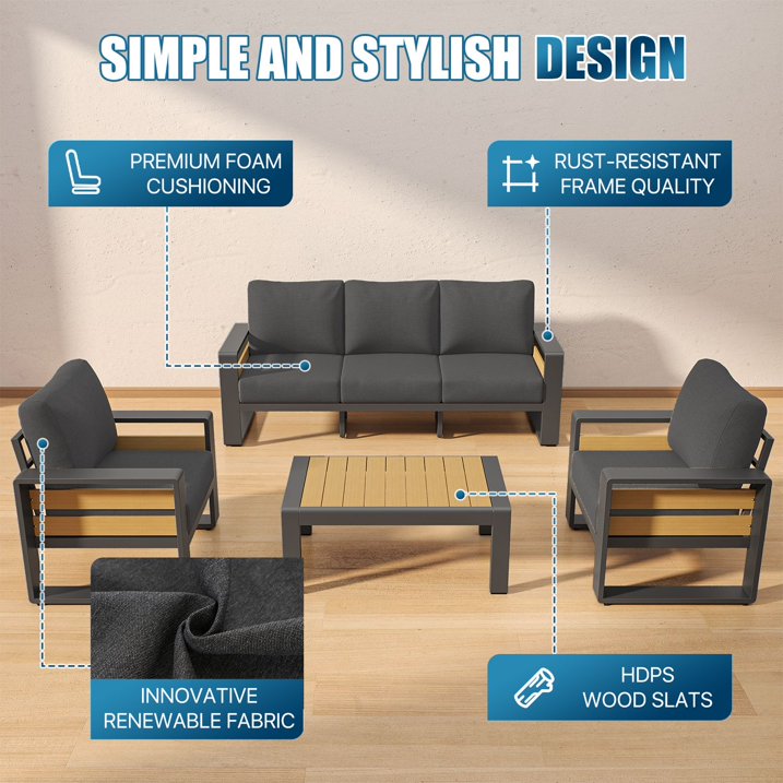Clouddwell 5-Seats Aluminum Patio Furniture Set, Outdoor Metal Sofa Conversation Set with Coffee Table for Pool Garden Porch Backyard, Dark Gray