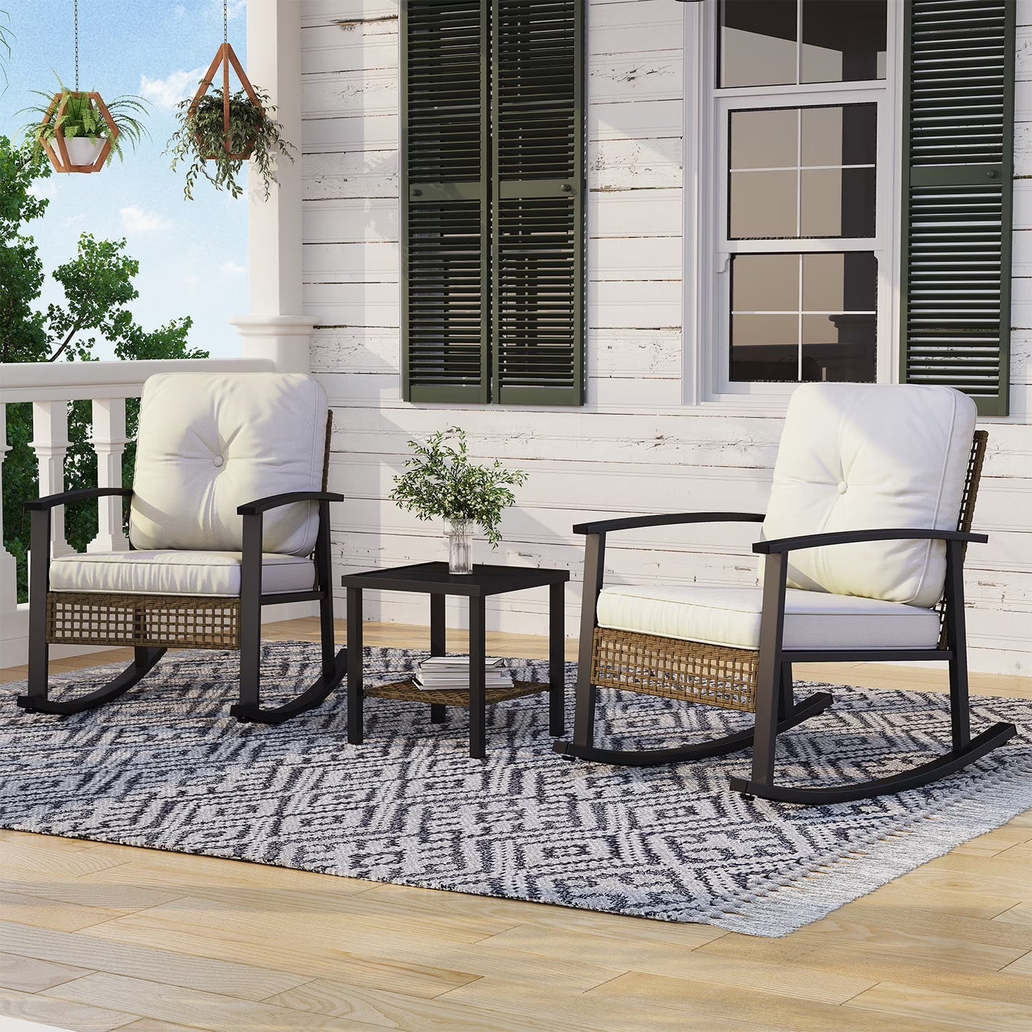 Sunmthink Outdoor 3-Piece Patio Set with Rocking Chairs & Table - Includes Comfort Cushions, Perfect for Garden, Balcony, Backyard or Poolside (White)