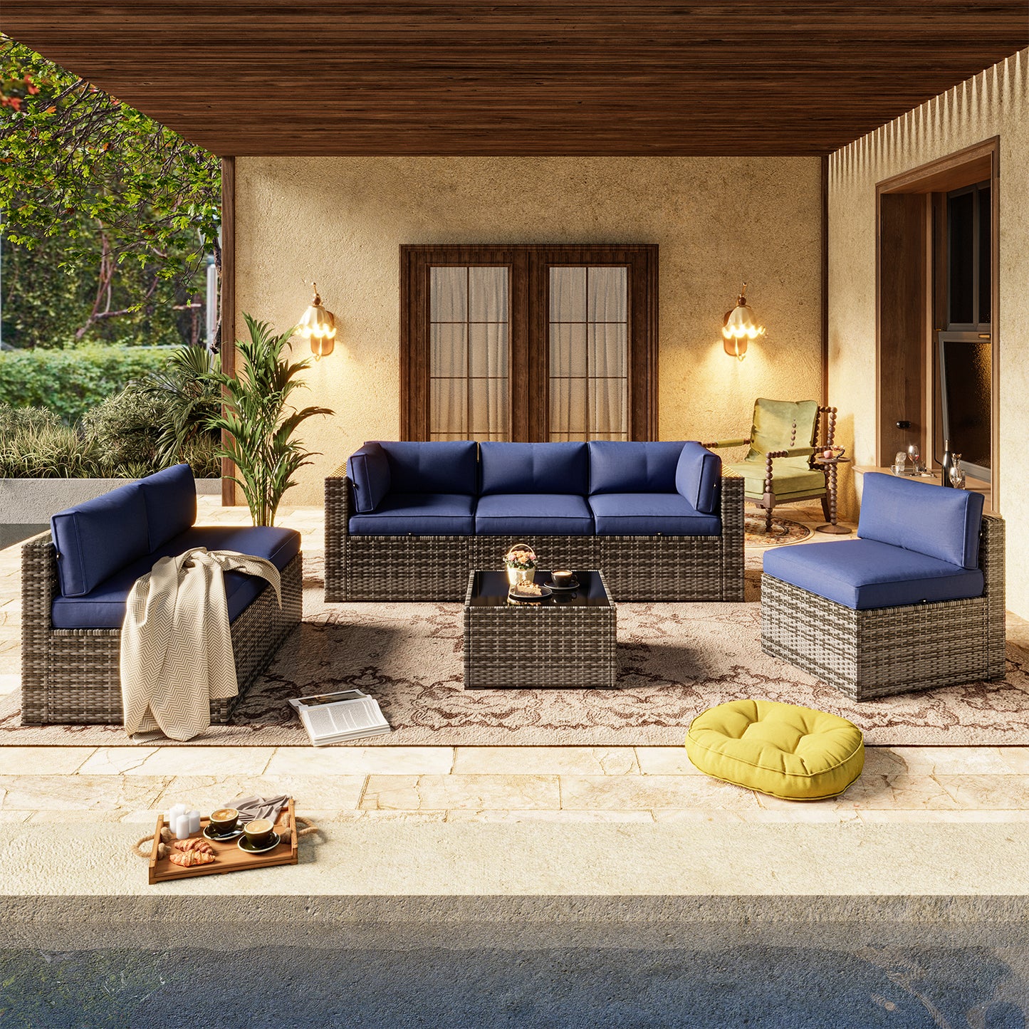 Clouddwell 7-Piece Rattan Conversation Set with Fire Pit Table Gray-Blue