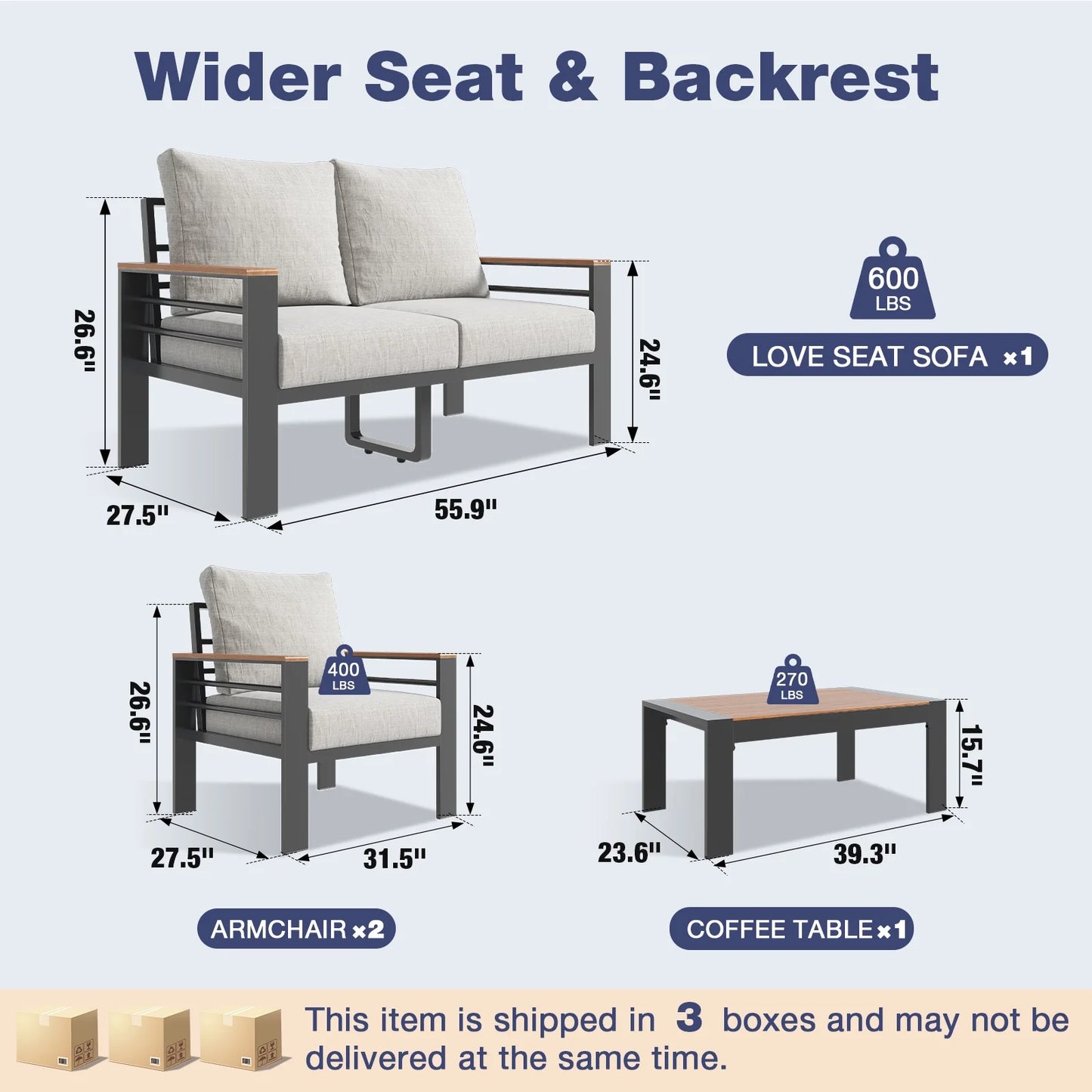 Aoxun Aluminum Outdoor Patio Furniture Set, 4 Seats Outdoor Sectional with Coffee Table (Loveseat and Single Seat 2 Pcs)