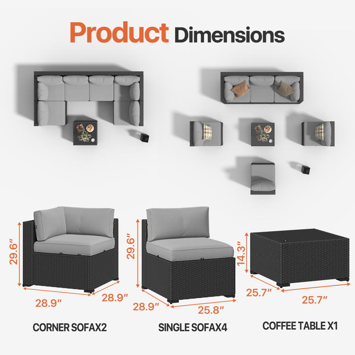 Clouddwell 7 Pieces Patio Furniture Set, All-Weather Wicker Rattan Patio Sectional Sofa Set with Coffee Table (Light Gray)