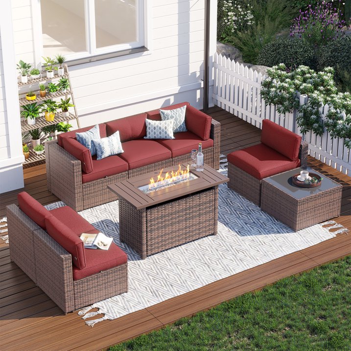 Clouddwell 8 Piece Patio Furniture Set with 44” Fire Pit Table Wicker Rattan Patio Conversation Set Outdoor Sectional Sofa Set with Coffee Table and Blue Cushions(Waterproof Cover Included)