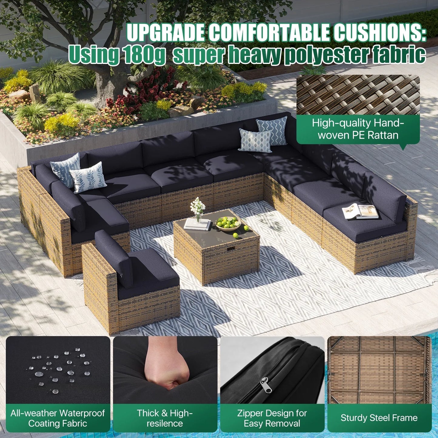Clouddwell 11 Piece Patio Furniture Set Wicker Rattan Patio Conversation Set Outdoor Sectional Sofa Set with Coffee Table and Black Cushions(Waterproof Cover Included)