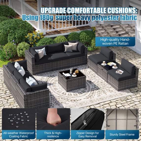 Sunmthink Patio Furniture Sets, 10-Piece Outdoor Patio Furniture with Thick Cushions, Wicker Outdoor Conversation Set and Waterproof Cover for Backyard, Poolside, Garden