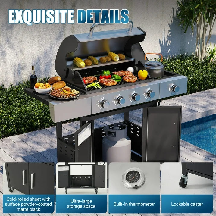 Sunmthink 4 Burner Propane Gas Grill, Stainless Steel, Built-in Thermometer, 4 Swivel Casters, and Side Table, Suitable for Camping, Outdoor Cooking, Patio, and Garden