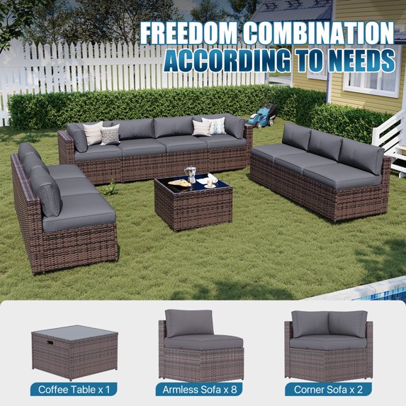 Sunmthink Patio Furniture Sets, 11-Piece Outdoor Patio Furniture with Thick Cushions, Wicker Outdoor Conversation Set and Waterproof Cover for Backyard, Poolside, Garden