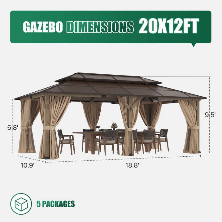 Clouddwell 20'*12' Wood Gazebo,with Double-Layer Galvanized Steel Roof,Suitable for Backyard,Desk,and Lawn