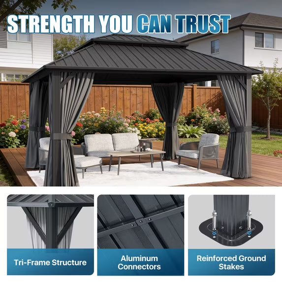 Sunmthink 12' x 14' Hardtop Gazebo with Mosquite Netting, Double Metal Roof for Lawn and Garden, Gray