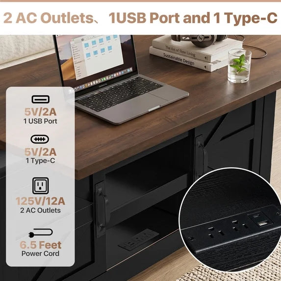 Sonergra Lift Top Coffee Table with Storage, Farmhouse Living Room Table with Charging Station & Barn Doors, Black