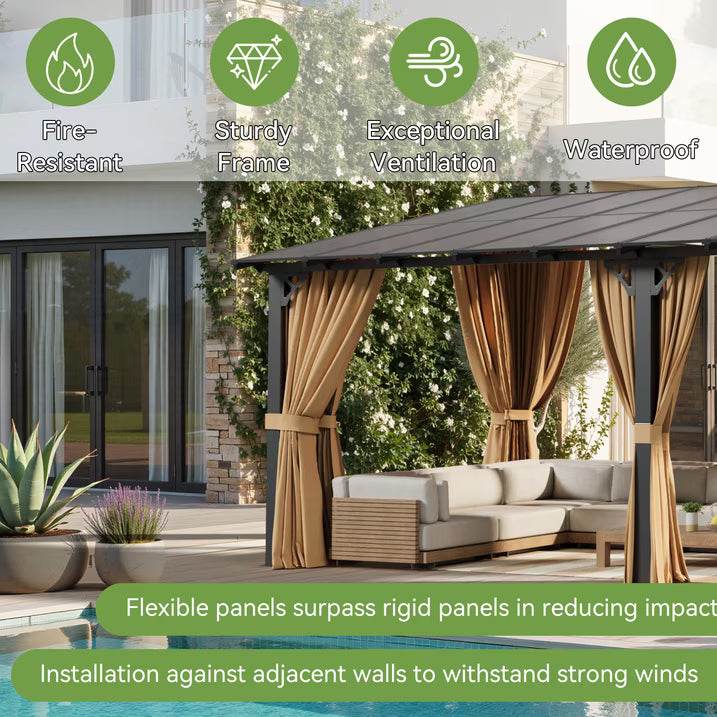 Dateyes 8‘x10’ Wall-Mounted Patio Gazebo with Durable Polycarbonate Roof, Full Bug Screens & Privacy Panels