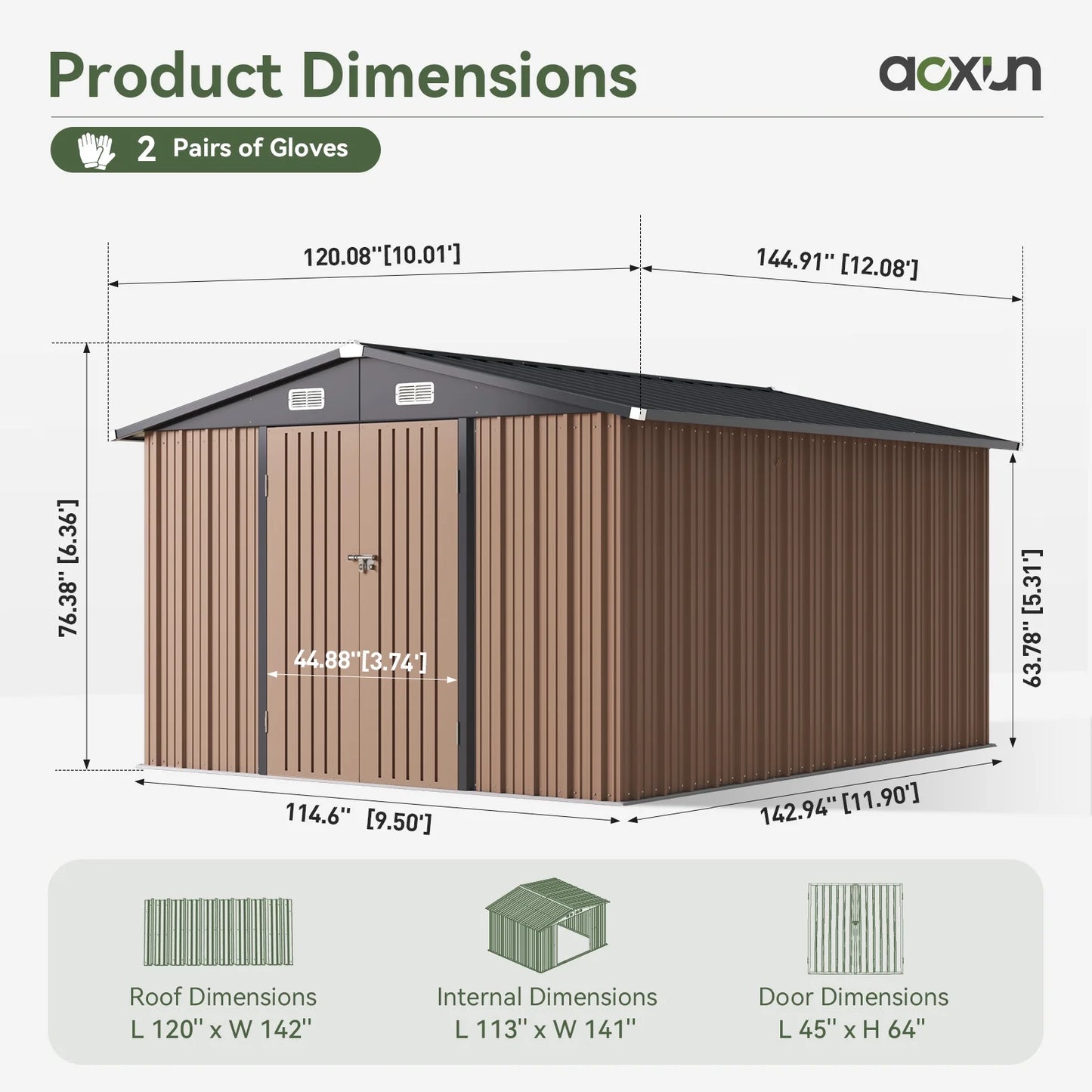 Aoxun 11.9x9.5 ft Outdoor Storage Shed, Galvanized Metal Shed with Lockable Door, Air Vents for Garden, Backyard, Brown