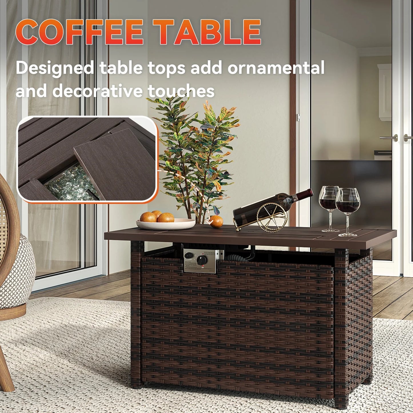 Sunmthink 44'' Fire Table 50,000 BTU Propane Gas Fire Pit Table W/ Cover, Glass Beads, Tank Holder, Gray Wicke
