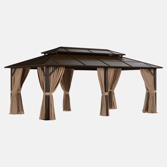 Clouddwell 12'x20' Hardtop Gazebo - Polycarbonate Double Roof with Netting & Curtains for Patio, Garden Sun Protection,Brown