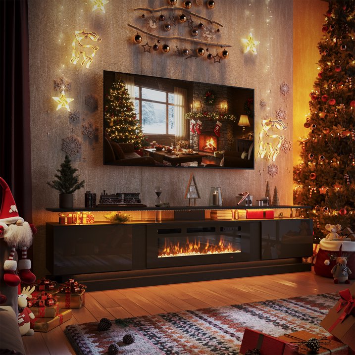 Sonegra Modern Fireplace TV Stand for TVs Up to 90" with Music Sync LED, 80" Entertainment Center with Electric Fireplace, TV Console with Storage Cabinets for Living Room, Black