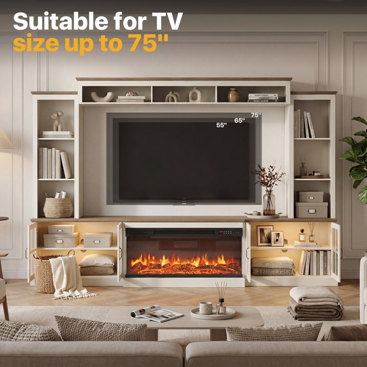 Sonegra 98" Farmhouse Entertainment Center with 36" Fireplace, TV Stand, Bookshelf, Cabinet, Fits TVs up to 75", Media Console with Power Outlets and Barn Doors for Living Room, White
