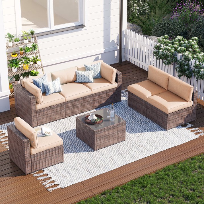 Clouddwell 7 Piece Patio Furniture Set Wicker Rattan Patio Conversation Set Outdoor Sectional Sofa Set with Coffee Table and Black Cushions(Waterproof Cover Included)