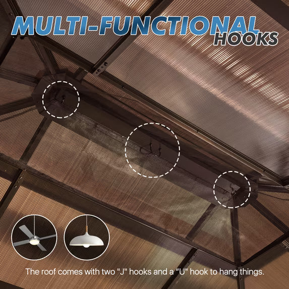 Sunmthink 10' x 12'Hardtop Gazebo,Polycarbonate Double Roof,Aluminum Frame with Curtains and Netting for Patio,Garden,Brown