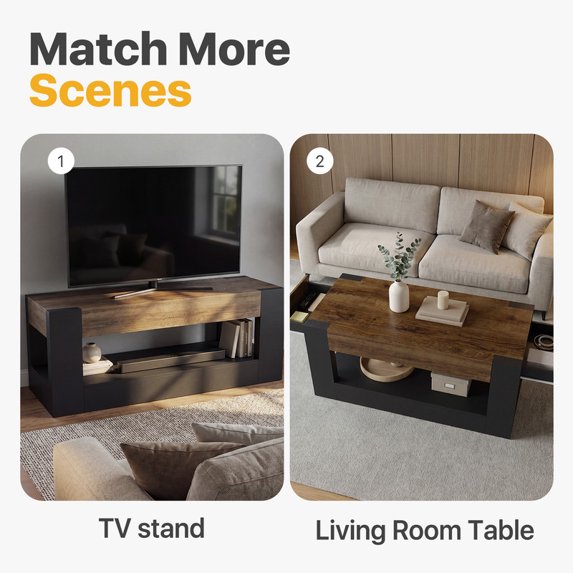 Sonergra Farmhouse Coffee Table with 2 Side Drawers, 47 Inch Rustic Wooden Rectangular Cocktail Table, Multifunctional TV Stand for Living Room,Black