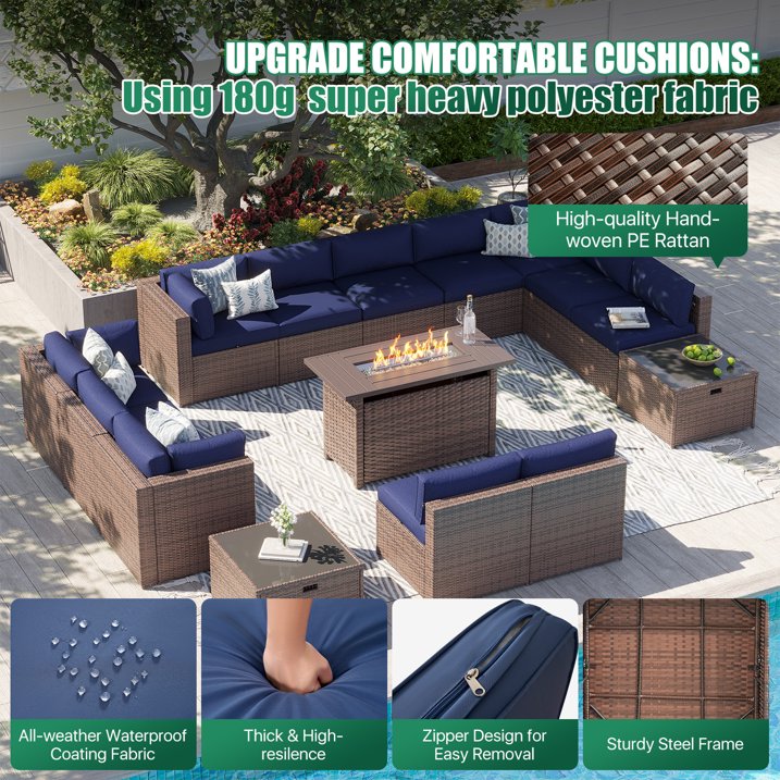 Clouddwell 15 Piece Patio Furniture Set with 44” Fire Pit Table Wicker Rattan Patio Conversation Set Outdoor Sectional Sofa Set with Coffee Table and Blue Cushions(Waterproof Cover Included)