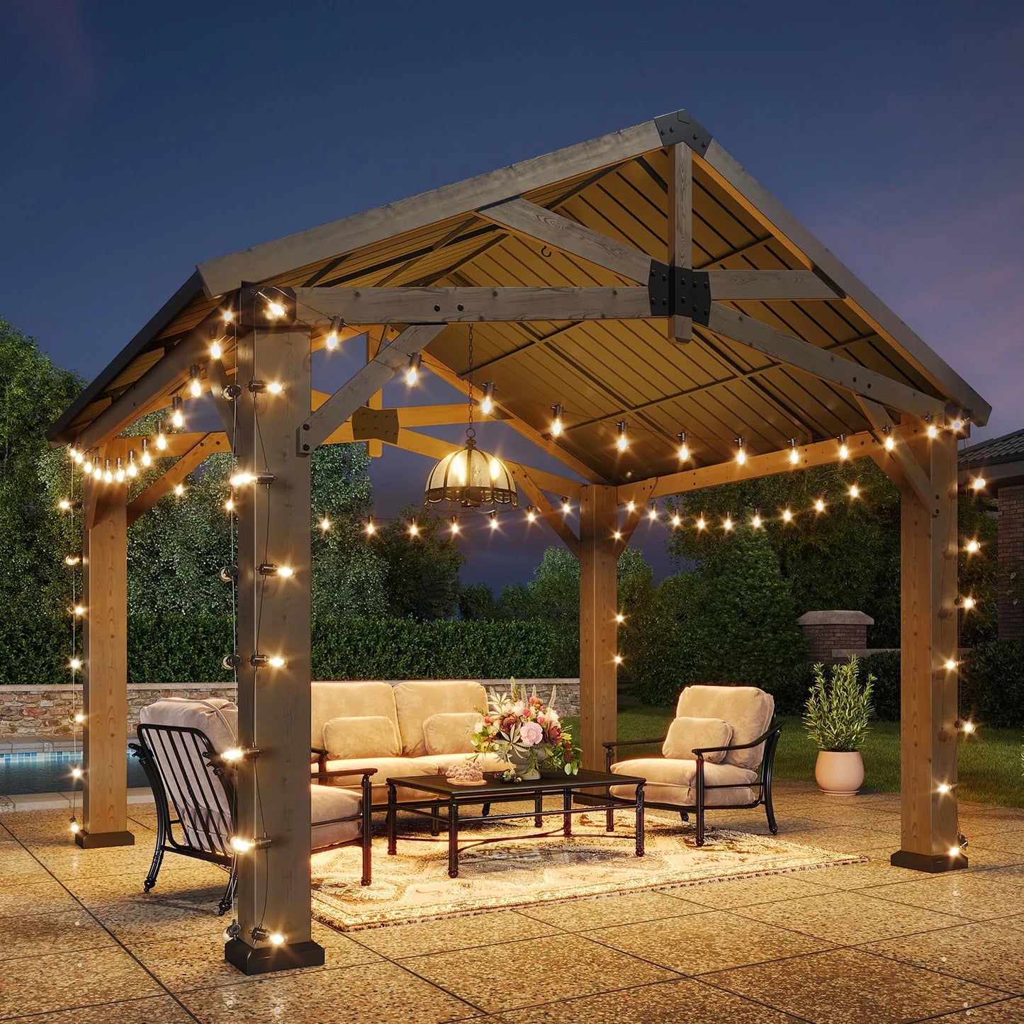 Aoxun 10' x 12' Outdoor Wood Gazebo, Hardtop Gazebo Permanent Wooden Pavilion with Galvanized Steel Gable Roof, for Patio, Garden, Deck, Cedar Wood