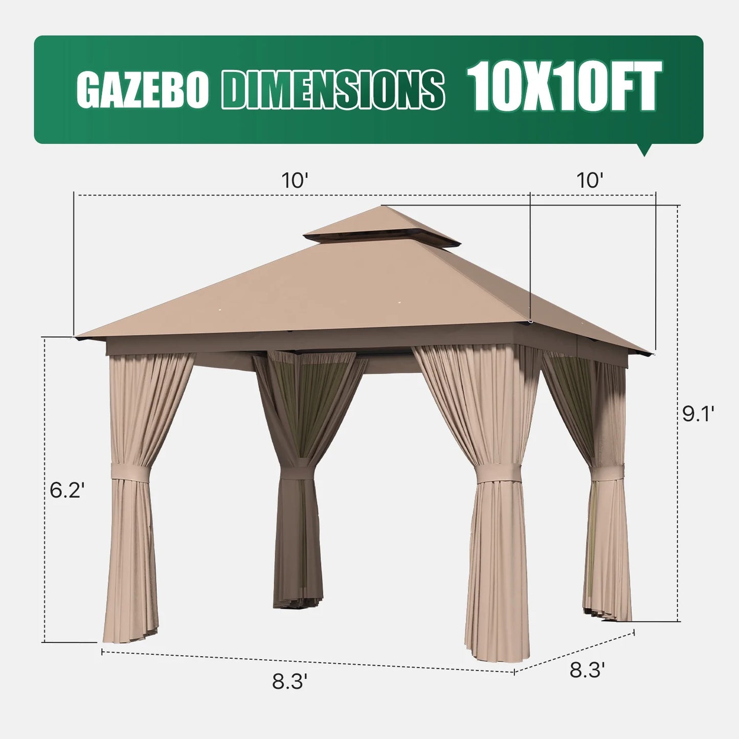 Clouddwell Beige 10'x10' Patio Gazebo – Sturdy Metal Frame Party Tent with Dual Roof Design, Bug Netting & Side Panels for Backyard, Lawn, or Deck