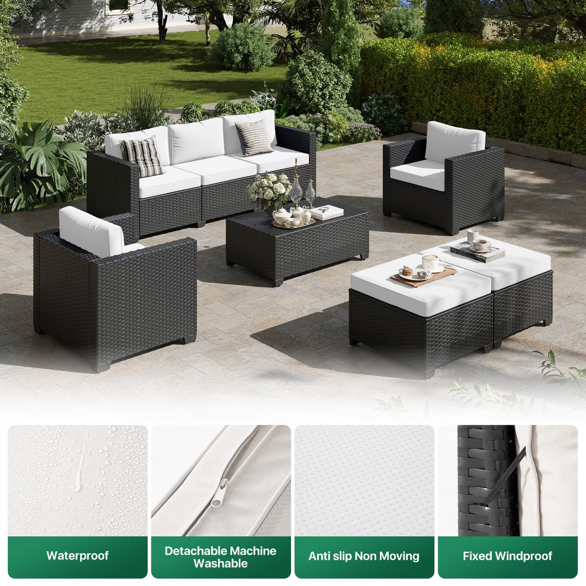 Clouddwell 7 Seats Patio Furniture Set with Storage Coffee Table, All Weather Wicker Outdoor Sectional With Thickened Cushion and Waterproof Cover, Beige